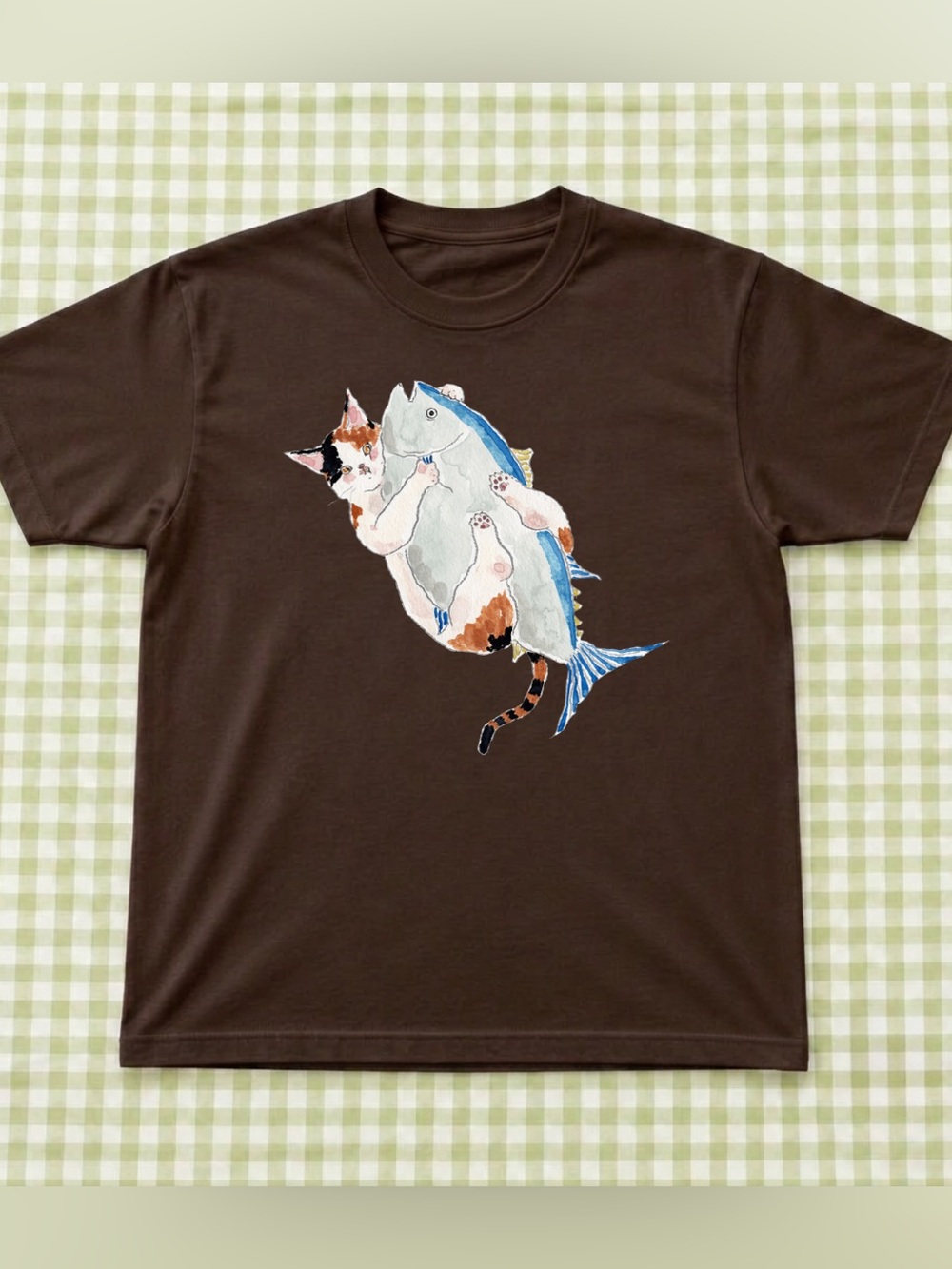 Dark Brown Cat & Fish Graphic T-Shirt, Vintage and Classic Style